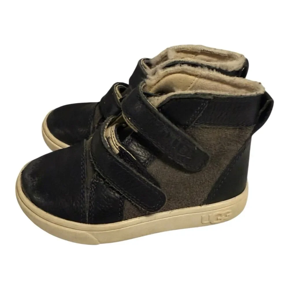 UGG Rennon II Size 7 Leather High Top Shoes Navy Blue Lined Toddler Boys Kids